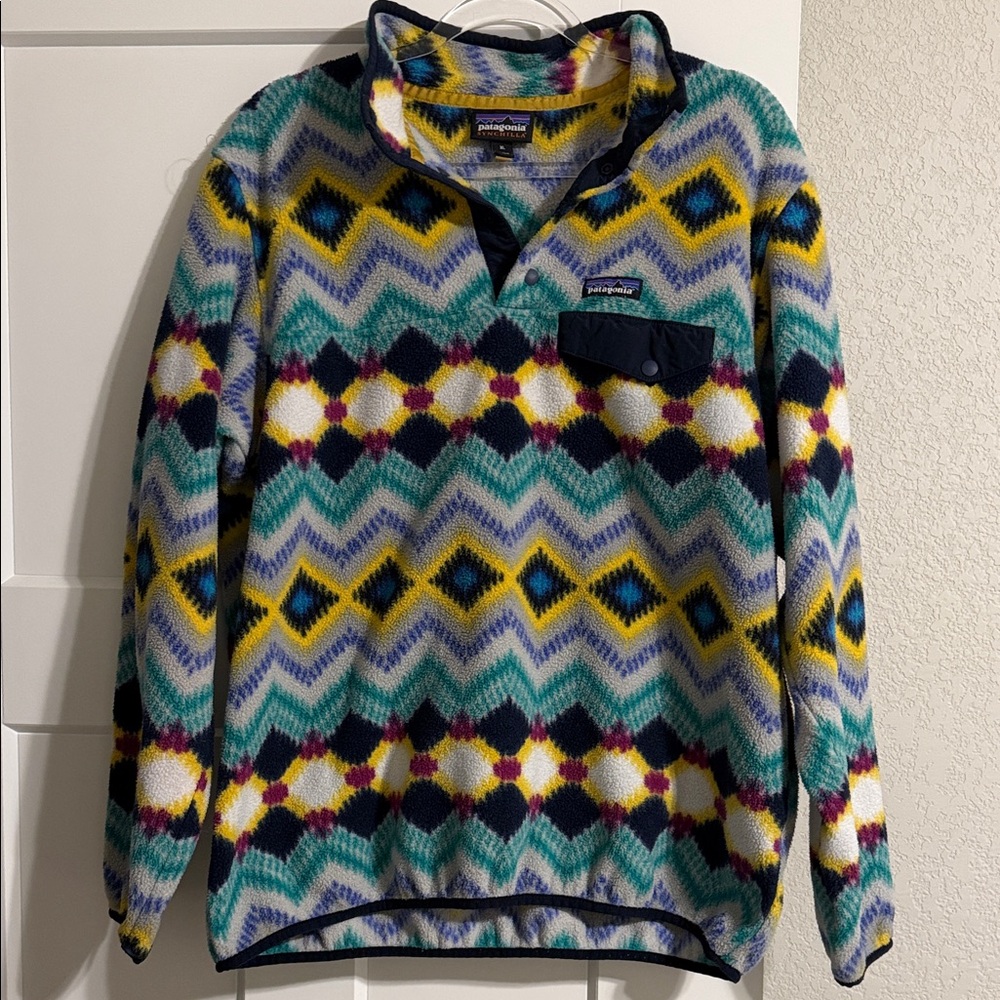 Patagonia Men's Zip Up Sweater - Blue, Yellow, Red Pattern